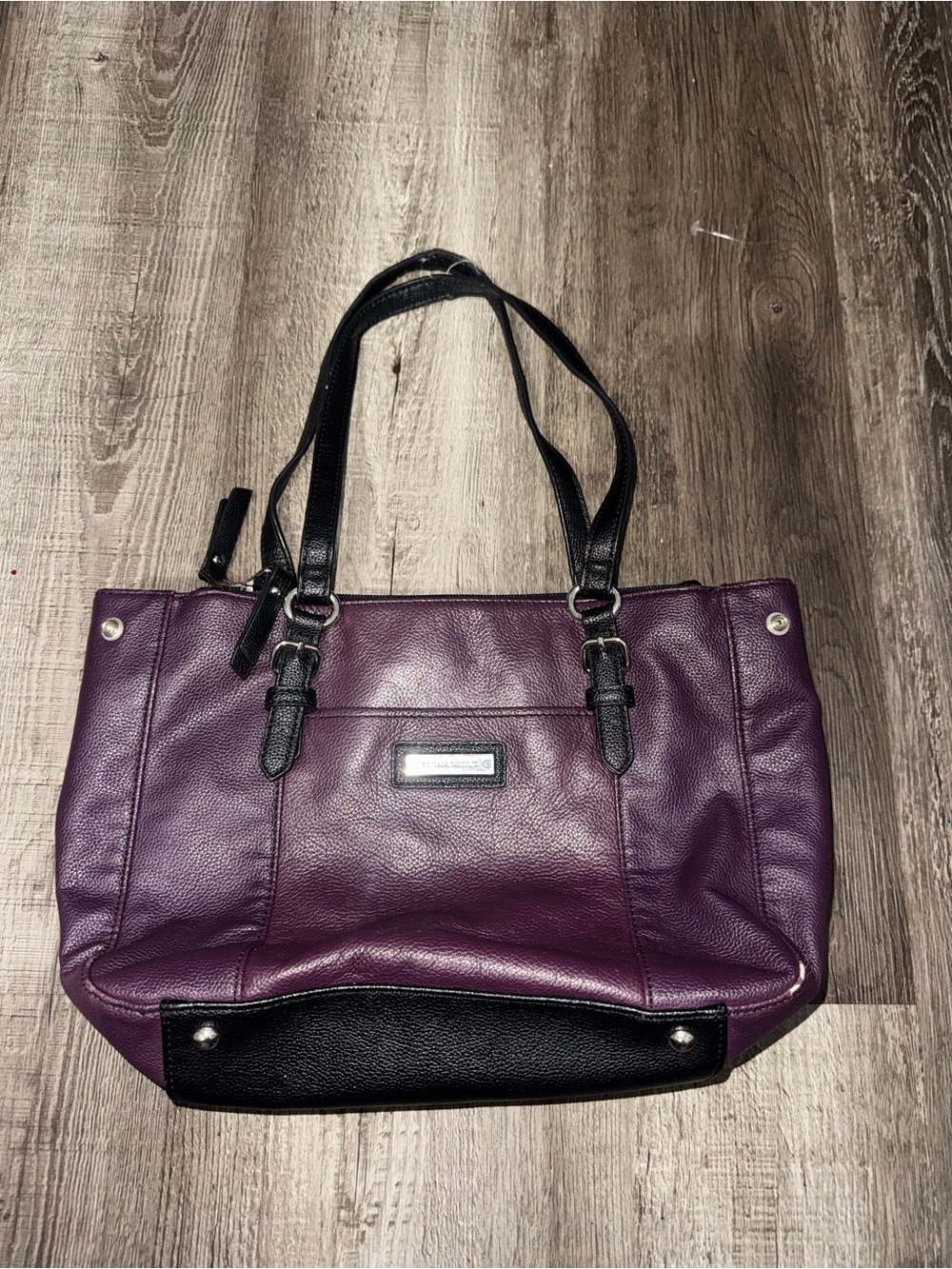 Tignanello Purple Plum Pebbled Leather Tote Handbag Black Trim Silver Hardware
